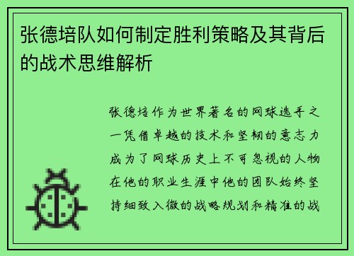 张德培队如何制定胜利策略及其背后的战术思维解析 张德培队如何制定胜利策略及其背后的战术思维解析