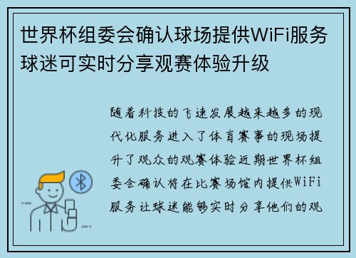 世界杯组委会确认球场提供WiFi服务球迷可实时分享观赛体验升级